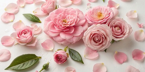 Elegant Food Photography Featuring Delicate Camellia and Rose Flowers in Soft Pink Tones on a Crisp White Background for a Stylish Culinary Presentation