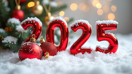 Red 2025  numbers in snow with ornaments and tree branch for new year or christmas background