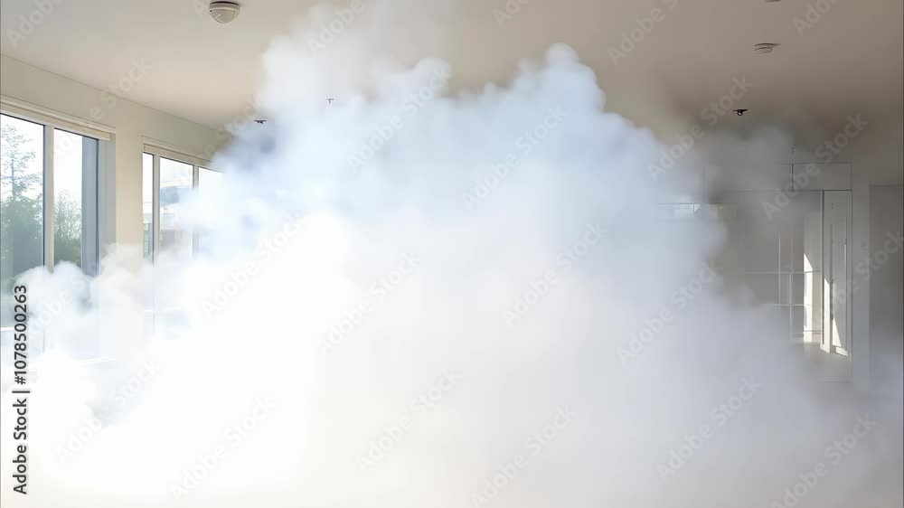 Poster a large cloud of smoke or fog fills a spacious, mostly empty room with large windows and a bright in