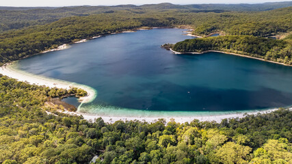 Lake McKenzie, Fraser Island, K'gari, aerial drone view, tourism travel holiday vacation destination