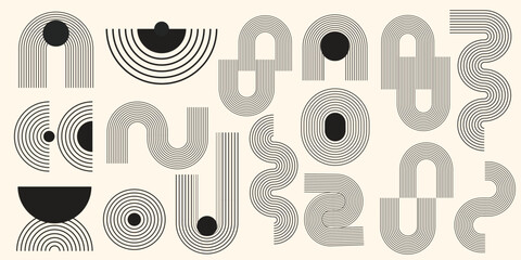 Set of abstract boho shapes with line. Abstract aesthetic boho shapes. Hand drawn abstract minimal element mid century vector set. Aesthetic contemporary stripe line art.