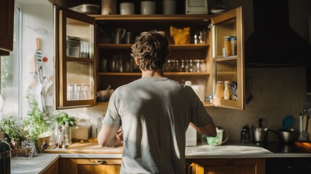 Man looking into kitchen cabinet