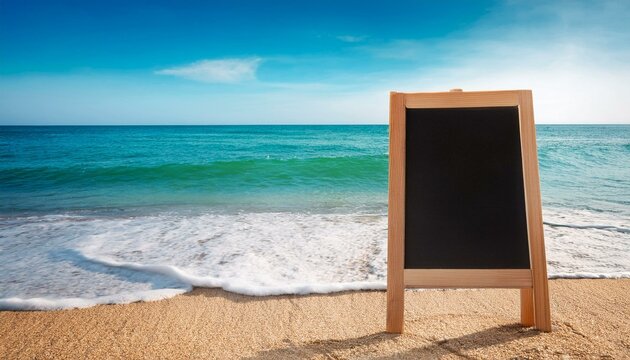 on the beach by the sea there is a blank drawing board blackboard which can be used for advertising