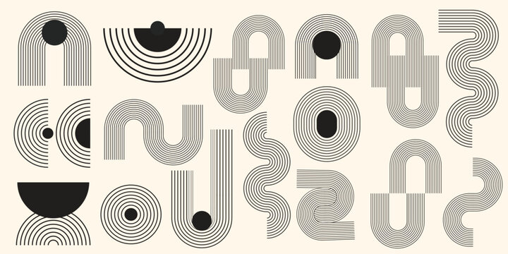 Set of abstract boho shapes with line. Abstract aesthetic boho shapes. Hand drawn abstract minimal element mid century vector set. Aesthetic contemporary stripe line art.