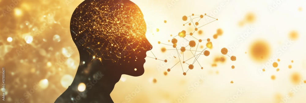 Poster a silhouetted figure reflects on complex molecular patterns and diagrams, symbolizing the connection