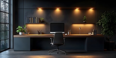 A modern office workspace featuring a desk, computer, and plants in a stylish environment.