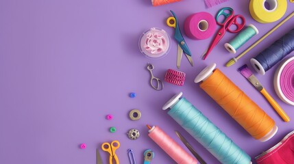 A flat lay of colorful sewing supplies on a purple background.