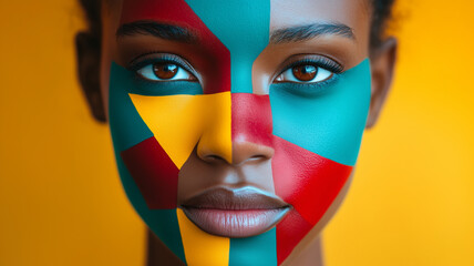 abstract portrait of a person, where the subject’s facial features are simplified into colorful geometric blocks,