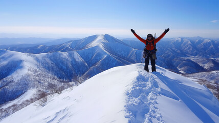 雪山の頂上で達成感を味わう日本人登山者