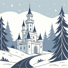 Obraz premium A charming illustration of a fairytale castle nestled in a snowy forest, perfect for adding a touch of magic to your designs. This whimsical scene is ideal for children's books, greeting cards.