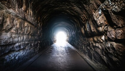 Naklejka premium dark underground tunnel with light at end rocky walls mysterious atmosphere