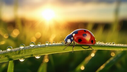 beautiful ladybug on leaf in the morning with the dew of the rising sun