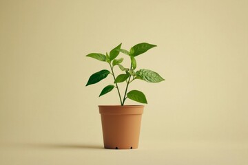 Obraz premium A small potted plant, simple and minimalist in style, with green leaves on the pot, solid color background.