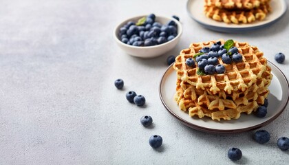 easy healthy gluten free oat waffles with copy space appetizing homemade waffles with oat flour decorated blueberries on plates over light gray cement background