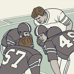 Three American football players huddle together on the field, their helmets close, strategizing for their next play. This illustration captures the intensity of the game.