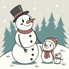 A charming illustration of a tall snowman with two smaller snowmen friends, perfect for bringing a festive cheer to your winter designs. The cute and playful snowmen are ideal for greeting cards.