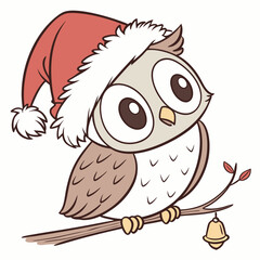 A cute cartoon owl wearing a Santa hat and perched on a branch with a bell. Perfect for Christmas cards, gift wrap, or any holiday project.