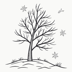 Obraz premium A hand-drawn illustration of a bare tree in winter, with falling snowflakes. Perfect for winter-themed projects, cards, and designs.