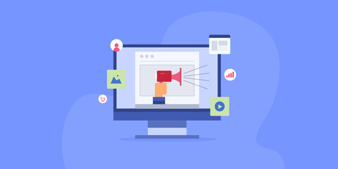 Content marketing, digital promotion with social media marketing, business message communication.