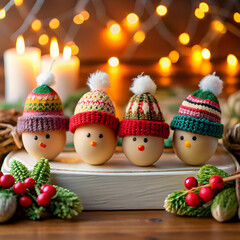 Colorful eggs are playfully adorned with tiny Christmas scarves and hat