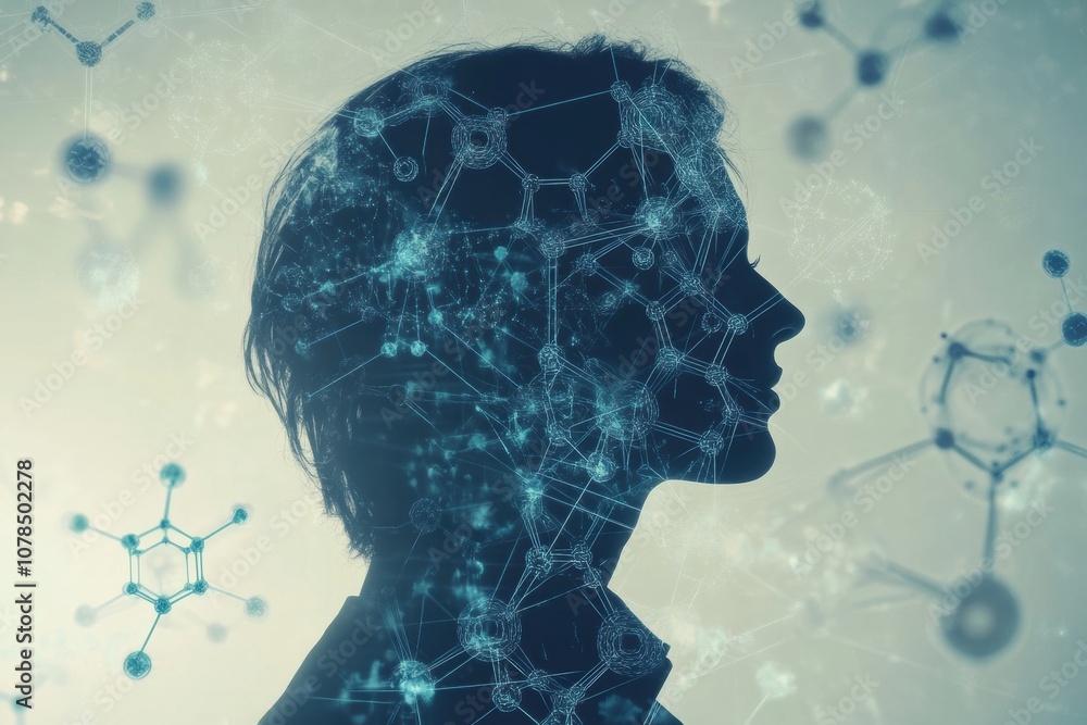 Poster a human silhouette is surrounded by intricate molecular structures and scientific diagrams, illustra