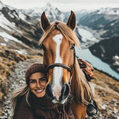 Obraz premium Horse influencer with owner on a mountain trail