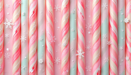 Fun Christmas texture with pastel candy cane stripes and snowflakes