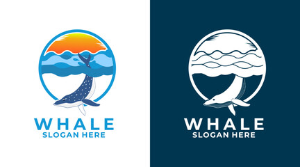Creative Whale logo design, Whale with ocean sea water vector logo template
