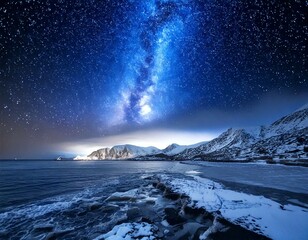 Milky Way above snowy mountains. Space. Fantastic view with snow covered rocks and starry sky at...