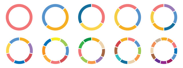 Pie chart set, segmented circle icons with circle diagram. Pie chart divided Circle diagram collection. Color pizza or donut round diagram. Infographic wheel segment or sections parts.