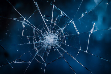 Cracked glass on a dark blue background creating an abstract pattern of broken lines and shards