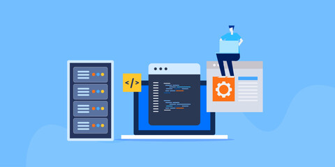 Software engineering, programmer with laptop coding and script writing, web server hosting app testing concept. 