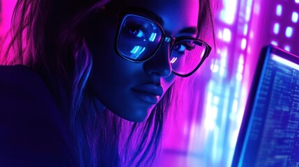 A young woman wearing glasses looks intently at a computer screen, illuminated by neon lights in a futuristic setting.