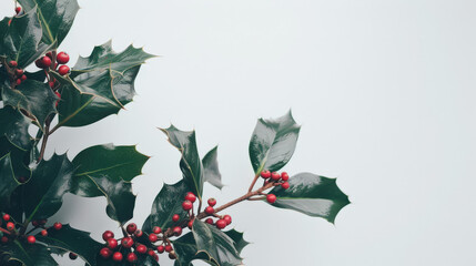 christmas holly leaves with red berries on white