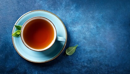 cup of tea on a blue stone background copy space