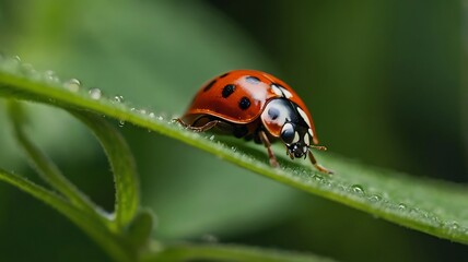 Fototapeta premium Ladybug on a Dew-Covered Green Leaf