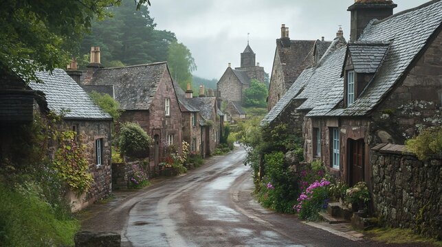 Fototapeta A picturesque village street with stone houses, lush greenery, and a misty atmosphere.