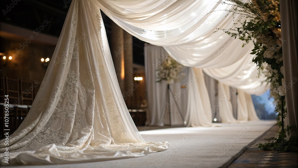 Poster elegant white fabric draped gracefully over an unseen structure, creating a soft and ethereal atmosp