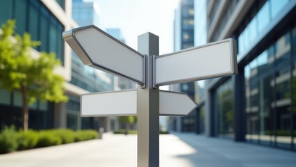 Realistic outdoor aluminum wayfinding sign mockup with sleek metal finish and blank signs.
