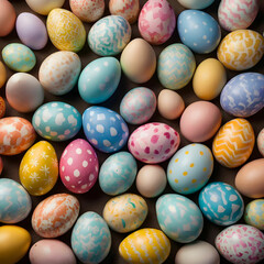 A colorful array of Easter eggs decorated in pastel