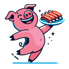 cartoon pig dancing with joy and holding a plate of barbecue ribs