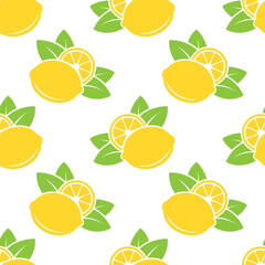 Stylized yellow lemons and green leaves on white background. Vector seamless pattern.