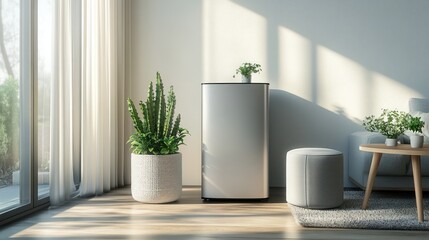 Modern Minimalist Living Room Interior with a Compact Refrigerator