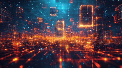 Obraz premium Abstract digital landscape with glowing cubes and lines.