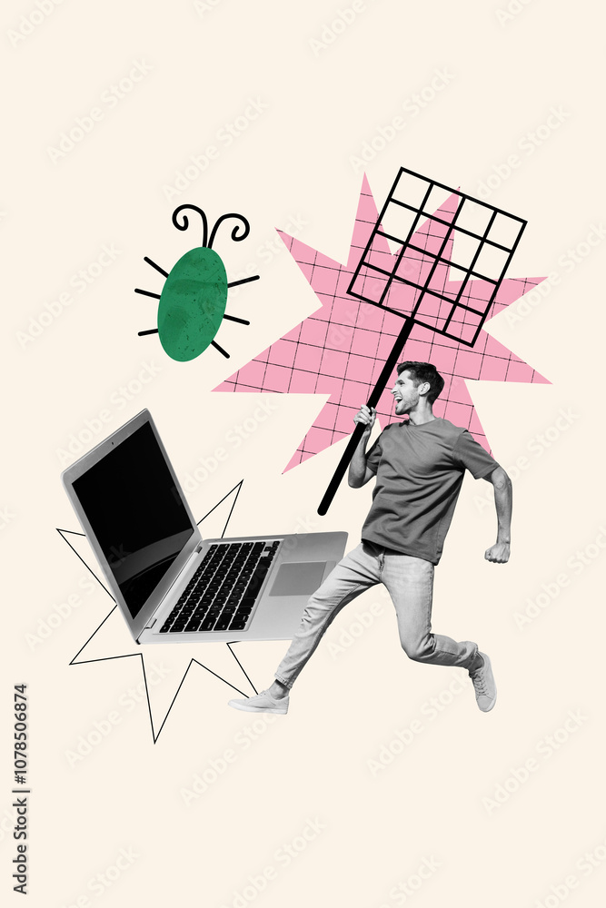 Poster composite trend artwork sketch image photo collage of worker young guy run work laptop student eyewe