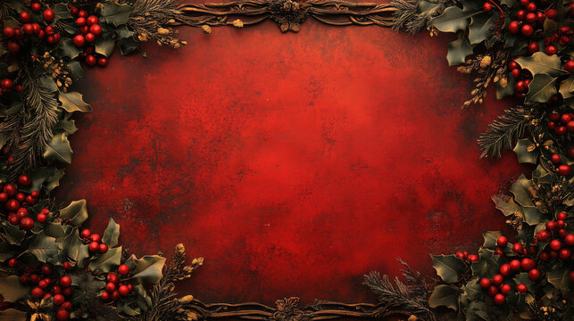 Festive Christmas frame with red berries,green leaves on red background in Victorian style.Vintage winter scarlet background for holiday cards and invitations.