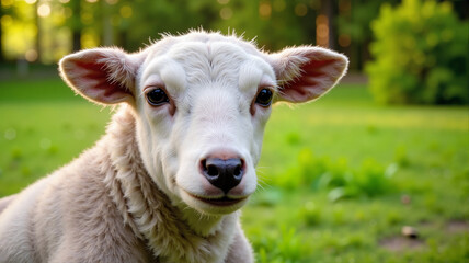 Obraz premium Cute lamb in green field 