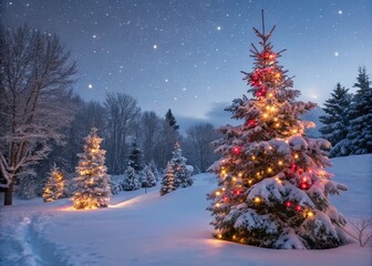 Enchanting Christmas Lights Illuminating a Winter Landscape with Snow-Covered Trees and a Starry Night Sky for Festive Holiday Decor