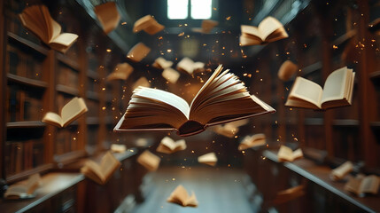 Open Book Floating in a Library Illustration