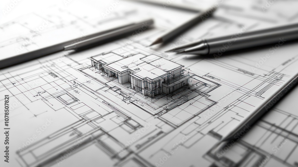 Poster architectural blueprint with a 3d model, showcasing design and planning elements.